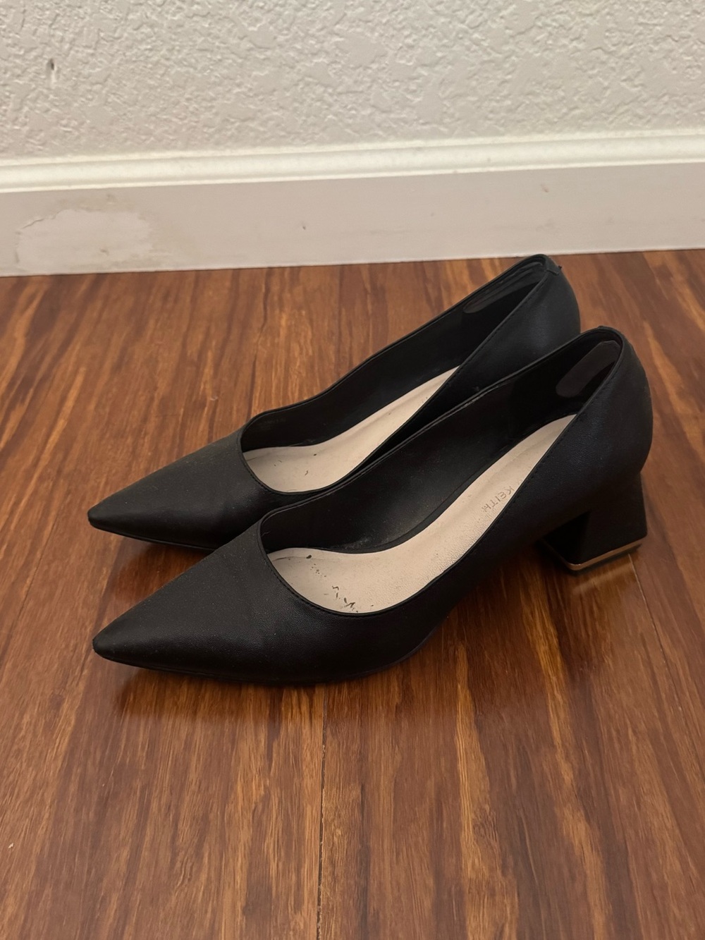 Charles & Keith Black Pointed Toe Block Heel Pumps Gold Detail